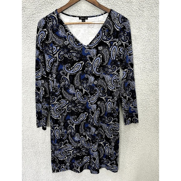 J.Jill Wearever Dress XS Black Blue Paisley Stretch Modest Career Boho Retro - Picture 1 of 7